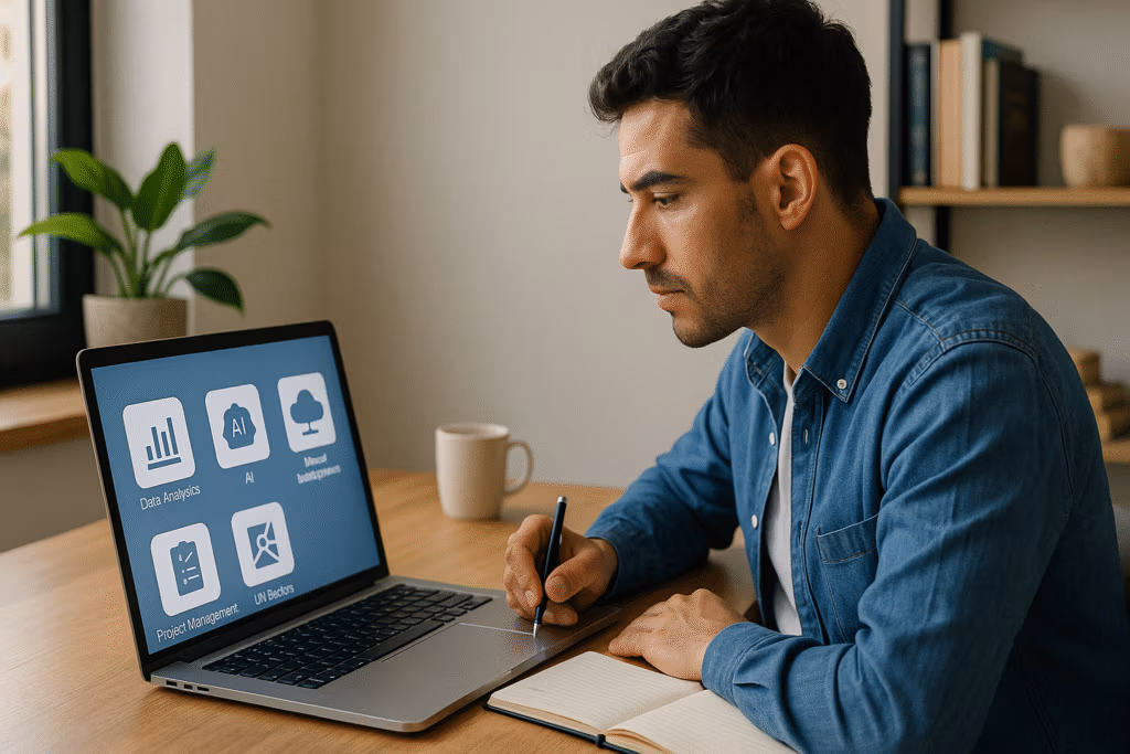 Young professional learning from online courses on a laptop to boost career in 2025