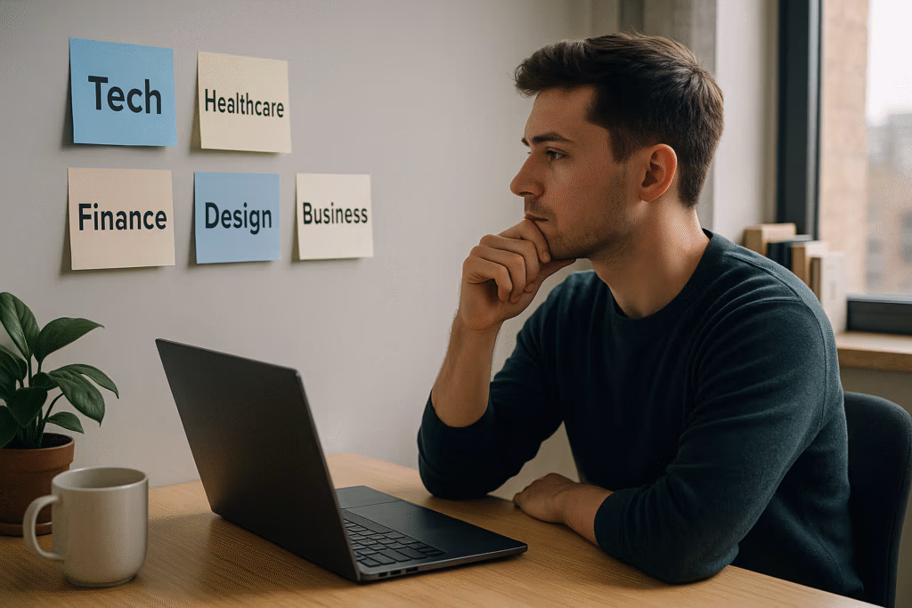Young professional sitting at a desk, deciding between different career path in 2025 with notes and laptop in view.