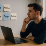 Young professional sitting at a desk, deciding between different career path in 2025 with notes and laptop in view.