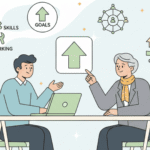 Illustration of a mentor and mentee discussing career advice, goals, skills, and professional growth