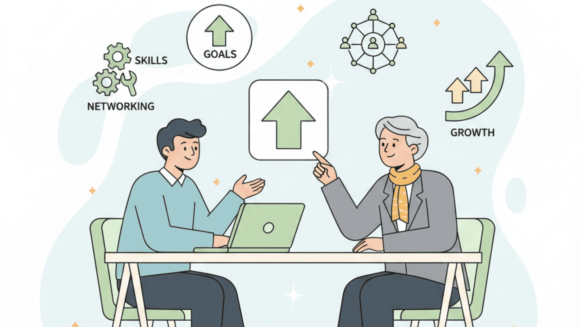 Illustration of a mentor and mentee discussing career advice, goals, skills, and professional growth