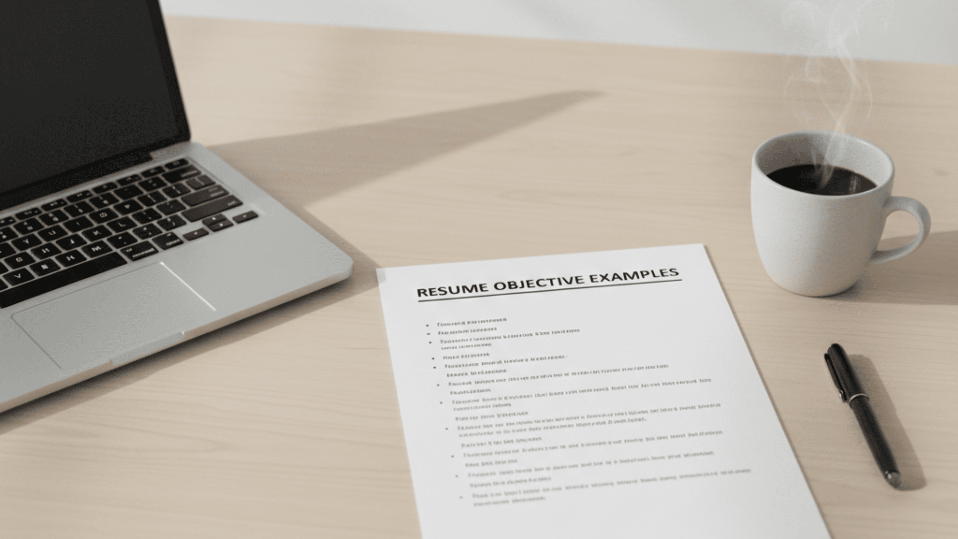 A clean workspace with a modern resume and laptop showing resume objective examples
