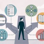 Illustration of a person planning a career change with icons for skills, resume, learning, and networking.