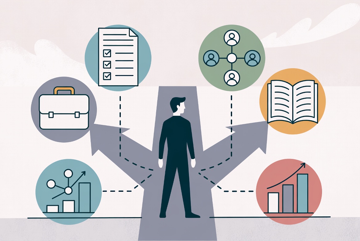 Illustration of a person planning a career change with icons for skills, resume, learning, and networking.