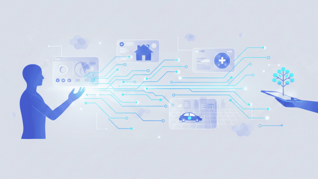 Futuristic illustration showing AI technology, neural networks, and a human interacting with digital tools.