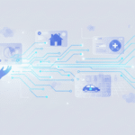 Futuristic illustration showing AI technology, neural networks, and a human interacting with digital tools.