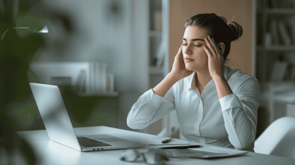 Young professional practicing interview warmup techniques at a modern desk with a laptop, notepad, and soft natural lighting.