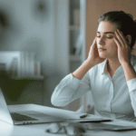 Young professional practicing interview warmup techniques at a modern desk with a laptop, notepad, and soft natural lighting.